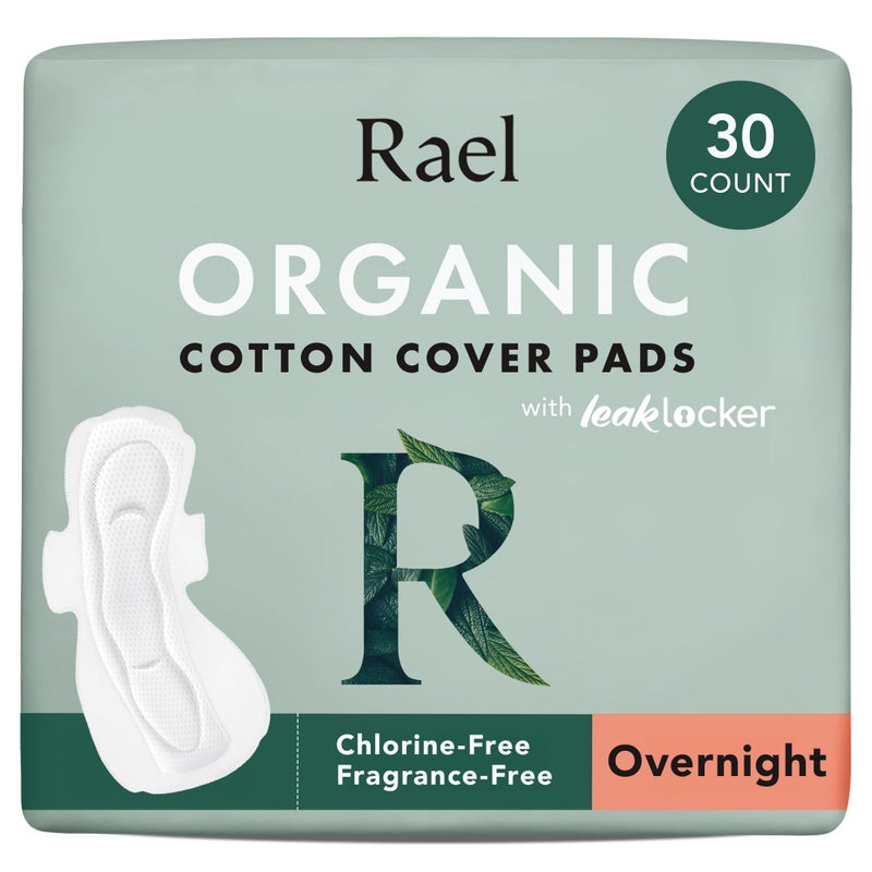 Rael Pads for Women Organic Cotton Cover Period Pads with Wings Feminine Care Sanitary Napkins Heavy Absorbency Unscented Ultra Thin Overnight 30 Count